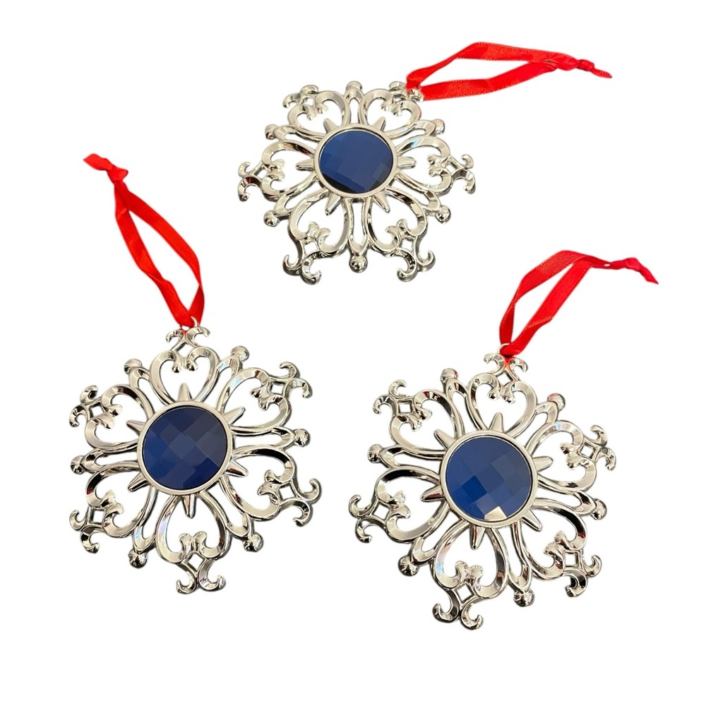 Lenox Silver Tone Blue Gem Snowflake Christmas Ornaments Set of 3 with Boxes